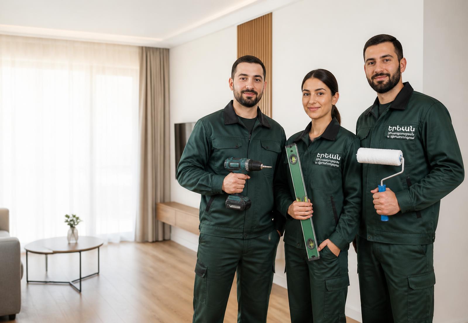 Verified Armenian renovation professionals standing in a finished Yerevan apartment